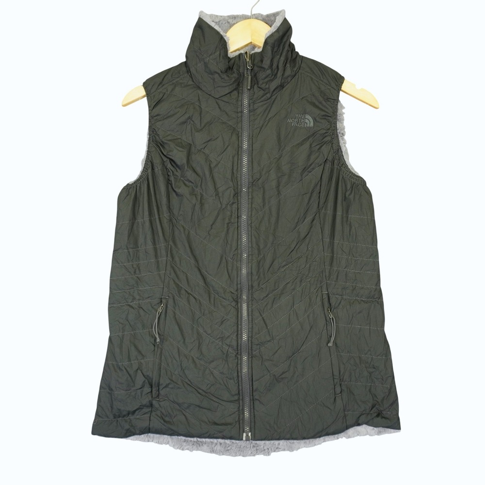 The North Face Mossbud Swirl Vest Womens Medium Gray Reversible Fleece Quilted